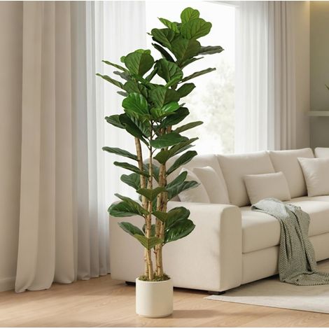 Ficus lyrata artificiale 55x55x180 cm, foglie realistiche, tronco in legno, vaso incluso, plastica verde (1/5)