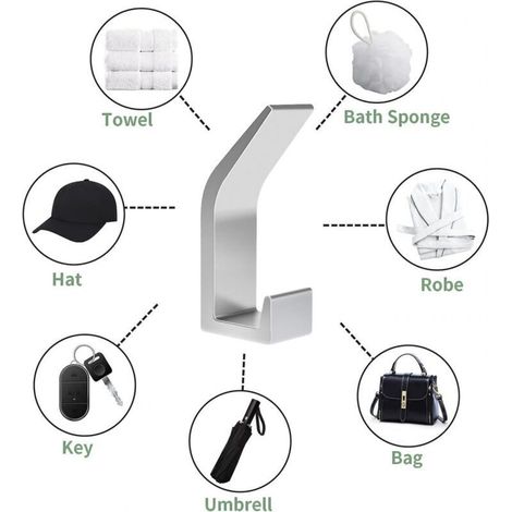 ALLIANDISCrochets autocollants 6 pièces, crochet double pour serviette de salle de bain, support mural autocollant pour cuisine, salle de bain, bureau, placard, aluminium, argent (1/3)