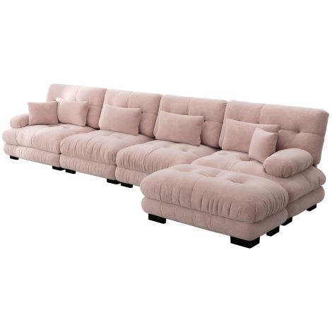 Sofá esquinero modular de 4 plazas de felpa (chenilla) rosa con otomanos móviles (1/5)