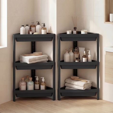 COSTWAY 3-Tier Corner Shower Caddy 2-Pack Bathroom Standing Shelf Drainage Holes-Black (1/5)