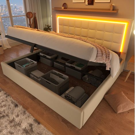 Cama doble 160x200 cm blanca en cuero sintético PU con LED y almacenamiento hidráulico (1/5)