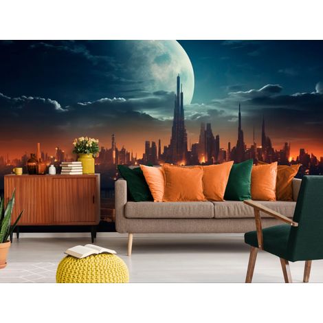 Papier peint paysage – Ville futuriste sous la lune - 150 x 250 cm (1/2)