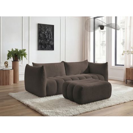 BOBOCHIC - Canapé droit fixe 4 places AZRA tissu bouclette avec pouf Marron (1/5)