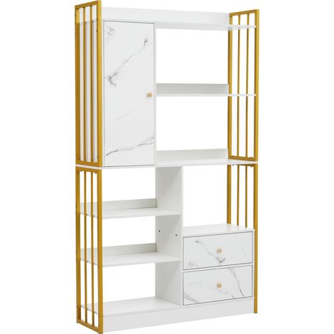 Étagère de rangement 6 niveaux avec portes et tiroirs, métal blanc marbré et cadre doré (1/5)