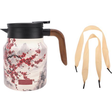 Insulated teapot with lid, 1000 ml stainless steel, portable vacuum coffee maker, wood-effect handle, style A (1/5)
