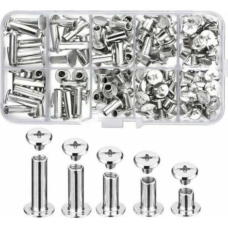 Vis de reliure en métal 80 pcs – Acier au carbone nickelé – 5 tailles (6-18mm) – Diamètre 5mm – Pour décoration cuir et scrapbooking (1/4)