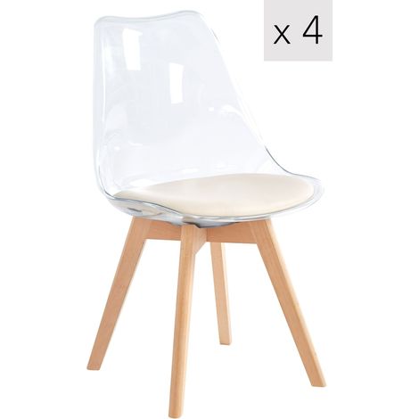 Nordlys – Lot de 4 chaises scandinaves transparentes – Pieds en hêtre durable – Confort optimal avec coussin simili cuir – Dimensions 49x57x84cm