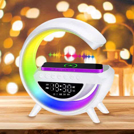 Intelligente 15-W-Tischleuchte, kabelloses Ladegerät, LED-Wecker, Stimmungslicht mit Bluetooth-Lautsprecher, helles Lauflicht, 13 Lichtmodi für Büro, Schlafzimmer, Geschenk