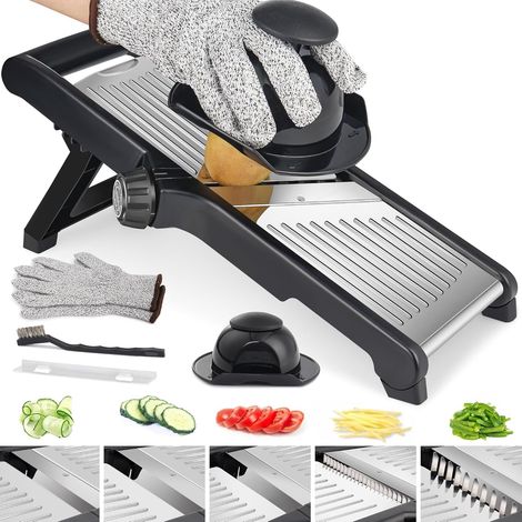 Verstellbarer 5-in-1-Mandolinenhobel mit Edelstahlklingen, rutschfester Unterseite, für Tomaten, Obst, Zwiebeln, inklusive Handschuhen, spülmaschinenfest