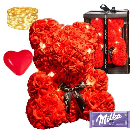 Orso con rosa da 40 cm set regalo rosso con fiocco nero e luci LED bianco caldo. (1/5)