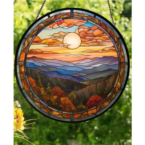 Décoration vitrail montagnes brumeuses 12,5 cm, attrape-soleil maison