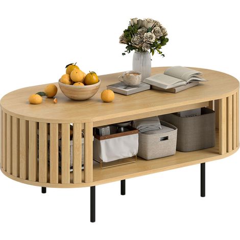 Table Basse Ovale avec Rangement AoSenYunZhou Design Lattes Effet Bois Naturel Coins Arrondis 100x50x40cm (1/5)