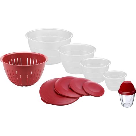 Lot de 4 bols avec couvercles et passoire, 9 pièces + bol mélangeur, capacité 0,6/1,3/2,5/4,4 litres, plastique, sans BPA, transparent/rouge (1/5)