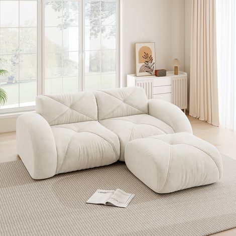 Canapé modulaire 2 places blanc avec tabouret mousse 32D tissu chenille. Résistant aux animaux design antidérapant pour salon