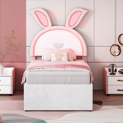 Lit simple 90x200 cm lit enfant avec lit gigogne, 3 tiroirs et lumière LED, en tissu velours, beige, sans matelas
