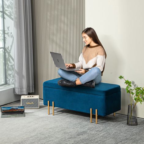 Sitzbank, Polsterbank mit Stauraum, Metall, Kautschukholz, Schaumstoff, 100 x 40 x 42 cm, Dunkelblau (1/5)