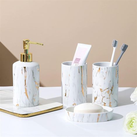 1 - Ensemble Accessoires Salle De Bain - Céramique - Porte Savon Distributeur Gobelet - Design Moderne Pour Maison Hôtel - Blanc