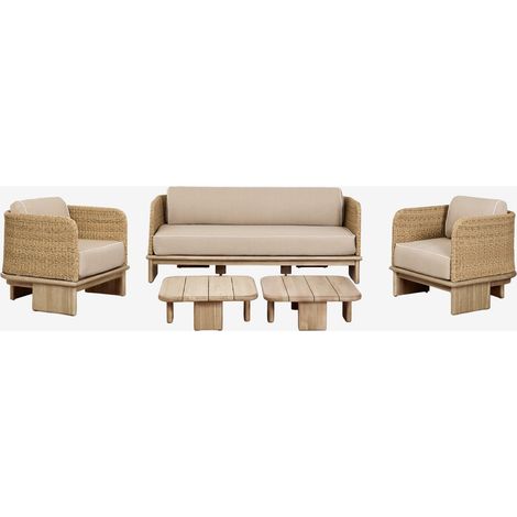 Ensemble de salon avec canapé 3 places, 2 fauteuils et 2 tables basses 70x70 cm en rotin et bois d'acacia Famara SKLUM (1/5)