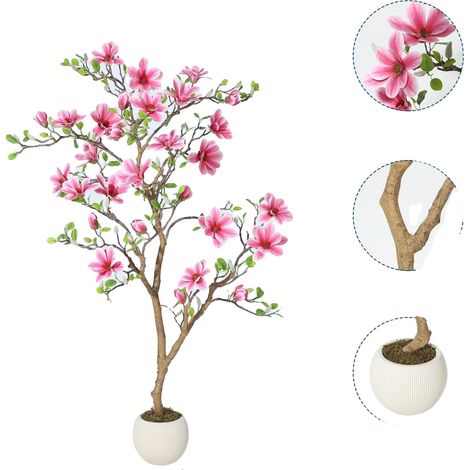 Árbol de magnolia artificial, diseño realista, duradero y fácil de cuidar, rosa y rojo. (1/2)