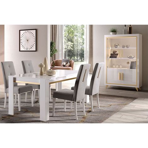 JEMMA - Ensemble Séjour Blanc Décor Doré Table 160cm + Vitrine avec Leds (1/5)