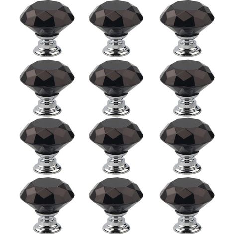 12er-Pack schwarze Schrankgriffe aus Kristallglas, Schrankknauf mit Größenangabe, Türknauf, Schubladengriff, Türgriffe für Küche, Büro, Schlafzimmer, Kleiderschrank (30 mm) Lefou STOL