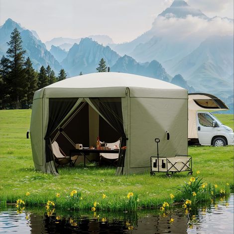 Tonnelle Pliante Hexagonale 3,5 x 3,5 m avec Moustiquaire, Parois Coupe-Vent Amovibles, Structure Acier et Sac à Roulettes, Vert (1/5)