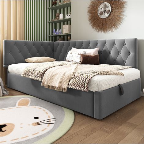 Bett Polsterbett Stauraum 90x190 Samt Grau OKMYHOME (1/5)