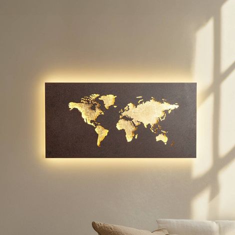 [GEBRAUCHT] B-Ware Lucande Wandleuchte Wandlampe Led World Metall Rost Gold Weltkarte 60 X 30 Cm (1/2)