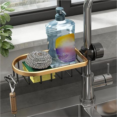 Porte éponge pour Robinet de Cuisine, Porte-Savon Accroché avec Crochet, sans Perage Alliage d'aluminium Organisateur D'évier, D'évier Support de Rangement, Tablette Douche(Color:Or) (1/4)