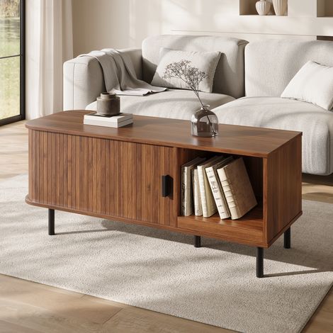 Modernluxe - Table basse rectangulaire moderne 110x40x55cm - Avec porte coulissante et étagère ouverte - Rayures verticales - Marron (1/5)