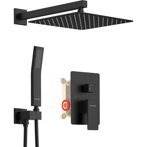Système de douche noir mat de 30,5 cm avec pomme de douche à haute pression, pommeau de douche à main, mitigeur de salle de bain, robinet de douche mural avec valve rugueuse et kit de garniture (1/5)