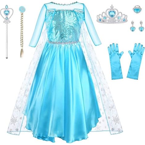 Kostüm für Mädchen, 9-teilig, Elsa-Kleid für Kinder mit Krone, Tiara, Handschuhen und Zauberstab für Weihnachten, Maskenball, Karneval, Halloween, Geburtstagsfeier (1/5)