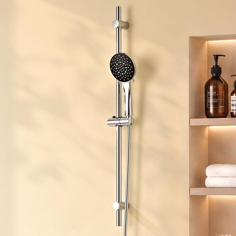 Colonne de Douche sans Robinet avec Douchette 6 Jets-Barre de Douche Réglable 900mm en Acier Inox-Support Coulissant à 360°-Étagère de Rangement Incluse-Finition Chrome et Noir Anti-Corrosion (1/5)