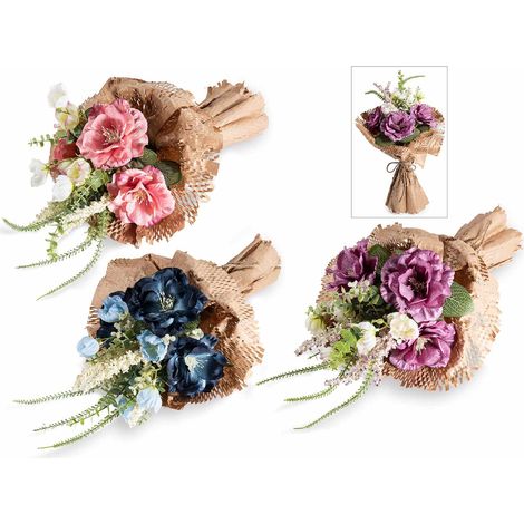 Bouquets en papier kraft avec petits bouquets de fleurs artificielles colorées, lot de 3, H. 28 cm (avec tige 45)