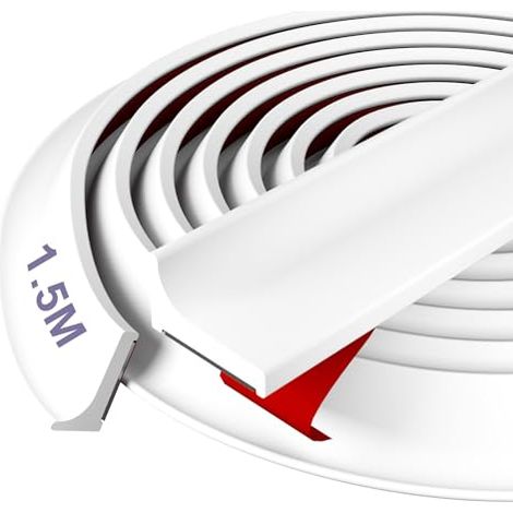 Seuil de Douche Barrage d'Eau Silicone Barrière Anti-Débordement 1,5M Blanc, Hauteur 12mm, Joint Autocollant Découpable pour Salle de Bain, Cuisine, Baignoire, Bas de Porte et Lave-Linge (1/5)