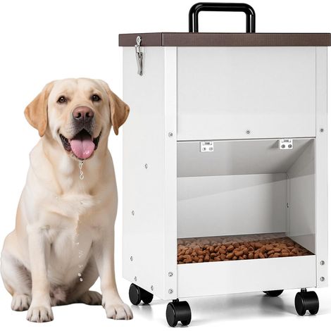 Galvanized Automatic Dog Food Large Breed 30 lbs Dog Food Dispenser with Wheels for Large Dogs Metal Gravity Feeder Extra Large Self Feeding (White (1/5)