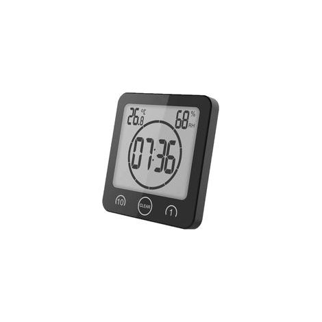 Réveil de salle de bain, réveil de douche étanche à commande tactile, alarme numérique LCD, hygromètre-thermomètre, minuteur, fonctionne sur piles, pour la cuisine et le maquillage (noir)-Crezuo