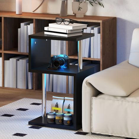 Mesa Auxiliar con Luz LED de 3 Niveles con Estantes y Estructura de Aluminio para Salón Dormitorio 44x38x75 cm Negro (1/5)