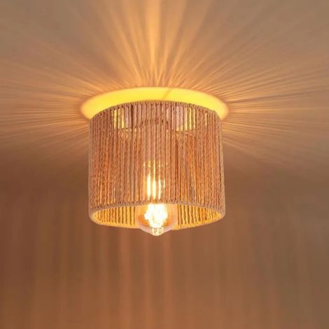 Plafonnier Vintage,E27 Lampe de Plafond Industriel en Rotin et Métal Abat-jour Design en Cylindrique pour Couloir Chambre (1/5)