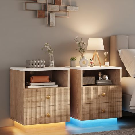 Nachttisch 2er Set mit 2 Schubladens und 1 offenem Fach, modernen Beistelltisch mit LED Beleuchtung und USB, für Schlafzimmer und Wohnzimmer, helle Eiche (1/5)