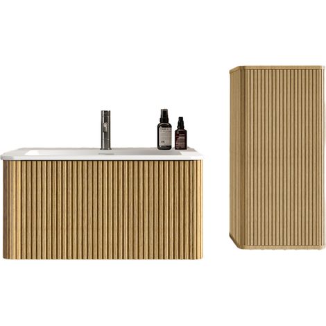 Meuble salle de bain suspendu avec vasque et colonne, design moderne à rainures verticales, rangement mural pratique pour petits espaces CHICFURN (1/5)