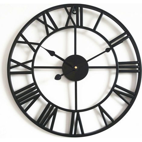 Large Round Metal Wall Clock Vintage Style Silent Non-Ticking Battery Operated 40cm Black Roman Numeral Clocks for Living Room Bedroom Kitchen Decoration