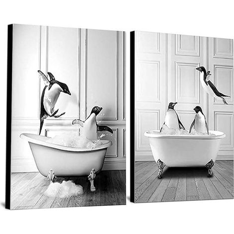Wandbild auf Leinwand, ohne Rahmen, 2 x 60 x 90 cm, Pinguine in einer Badewanne