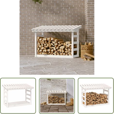The Living Store Support pour bois de chauffage Blanc 108x64,5x78 cm Bois de pin - Support À Bûches - Stockage Bois - Abri À Bûches - Rangement Cheminée - Bois De Chauffage (1/5)