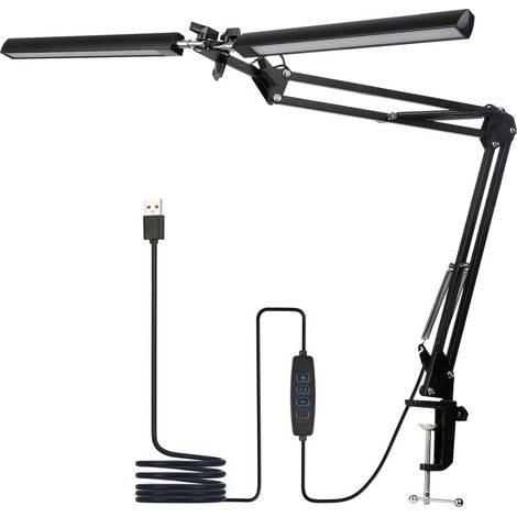 Lampe de Bureau LED, Double tête lampe bureau, 5 Modes de Couleur 5 Niveaux de Luminosité, Col de cygne flexible et Peu encombrante lampe pince, lampen de table, Noir (1/5)