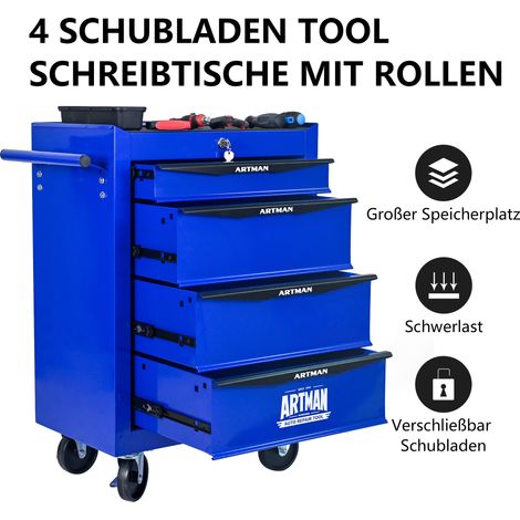 Coffre à outils en métal roulant avec 4 tiroirs, 20 pouces, armoire de rangement pour outils de précision, glissières à billes en acier, boîte d'organisation noire et bleue (1/5)