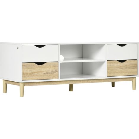 Meuble TV pour salon avec les téléviseurs jusqu'à 55 pouces avec étagères et 4 tiroirs pliable salon, compatible pouces, tiroirs, 44,5 blanc chêne. (1/5)