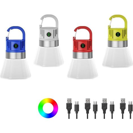 Lot de 4 lampes de camping LED rechargeables avec crochet de suspension pour extérieur, mini lanternes de camping RVB, lampes étanches pour camping, urgence, randonnée, coupures de courant, jardin et (1/5)
