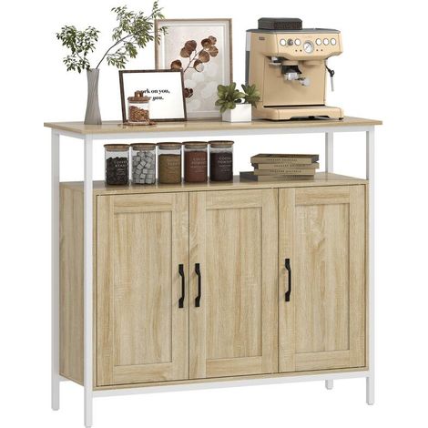 Buffet, meuble de rangement avec 3 portes, compartiment ouvert et 4 étagères réglables, 100 x 35 x 88 cm, bois naturel (1/5)
