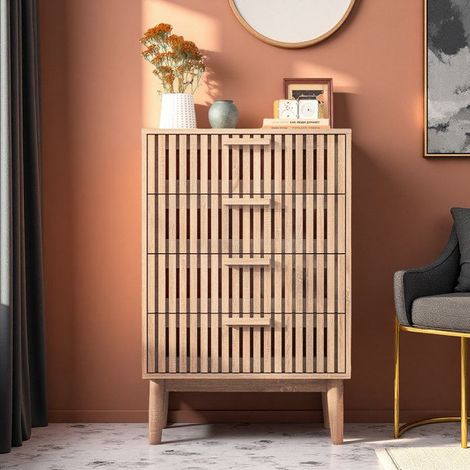 Comò 4 Cassetti - Legno Bianco - Stile Scandinavo - Dispositivo Anti-Ribaltamento - Compatto 60x34x91 cm